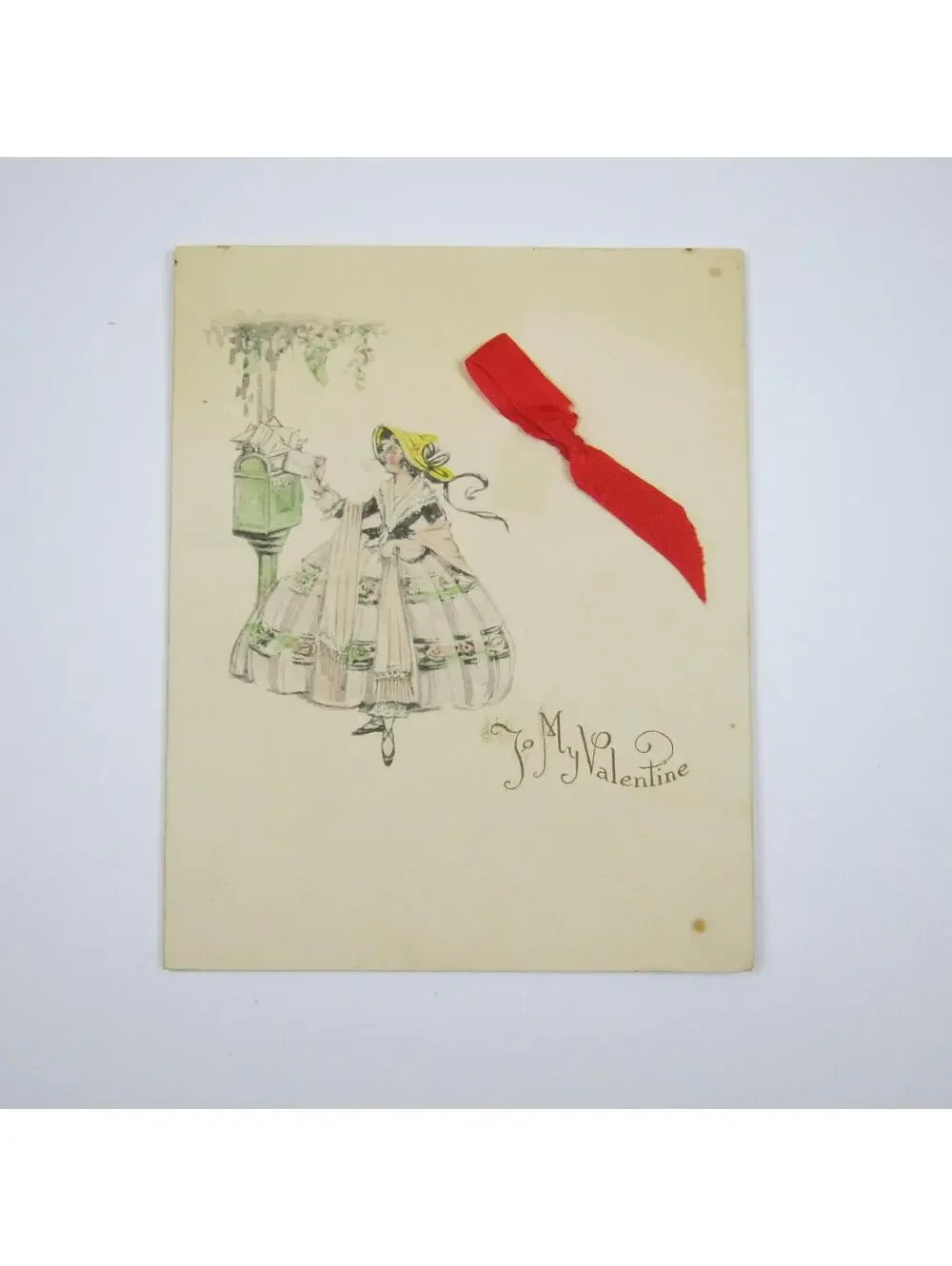 Valentine Card Lady 1850s Dress & Hat Antique Mailbox Die cut Bifold Red Ribbon